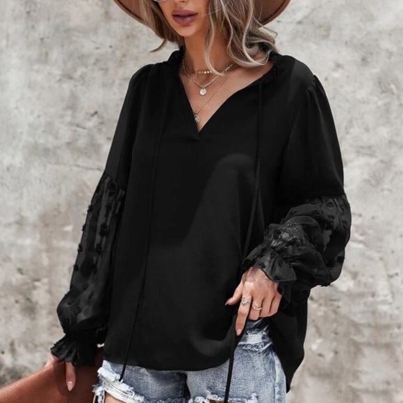 Boho Swiss dot frill trim tie neck blouse blue - Picture 11 of 16